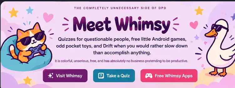 Meet Whimsy — quizzes, free Android games, odd pocket toys, and Drift