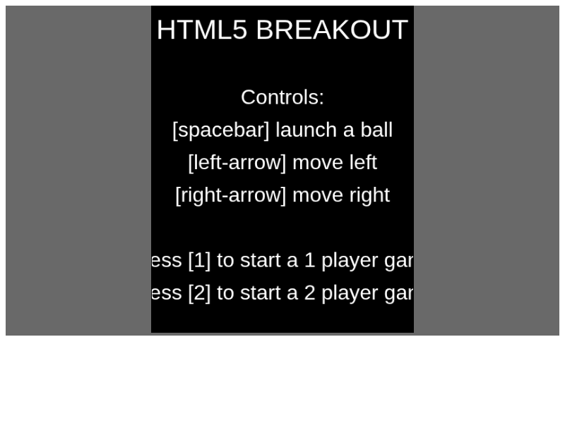 Game screen for HTML5 Breakout