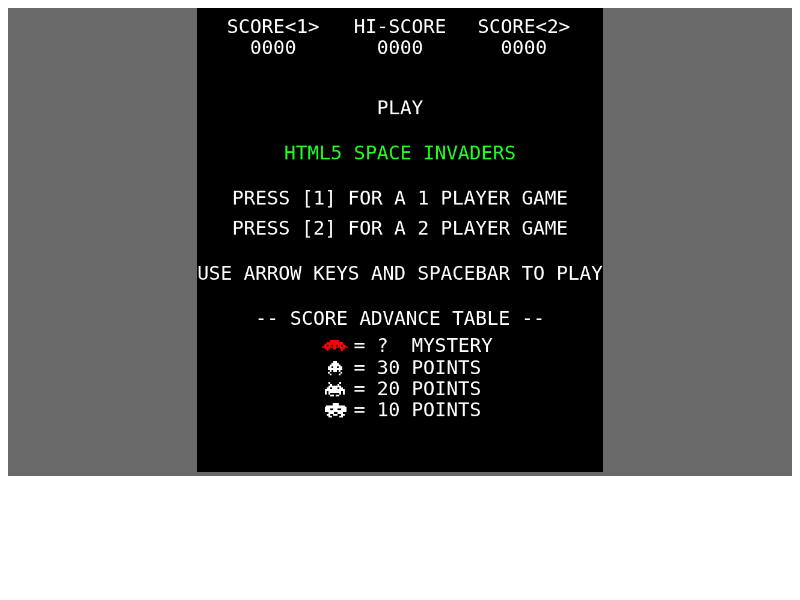 Game screen for HTML5 Space Invaders